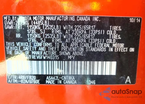 2015 Toyota Rav4 Le z USA, uszkodzony, nr VIN 2T3ZFREV6FW140315